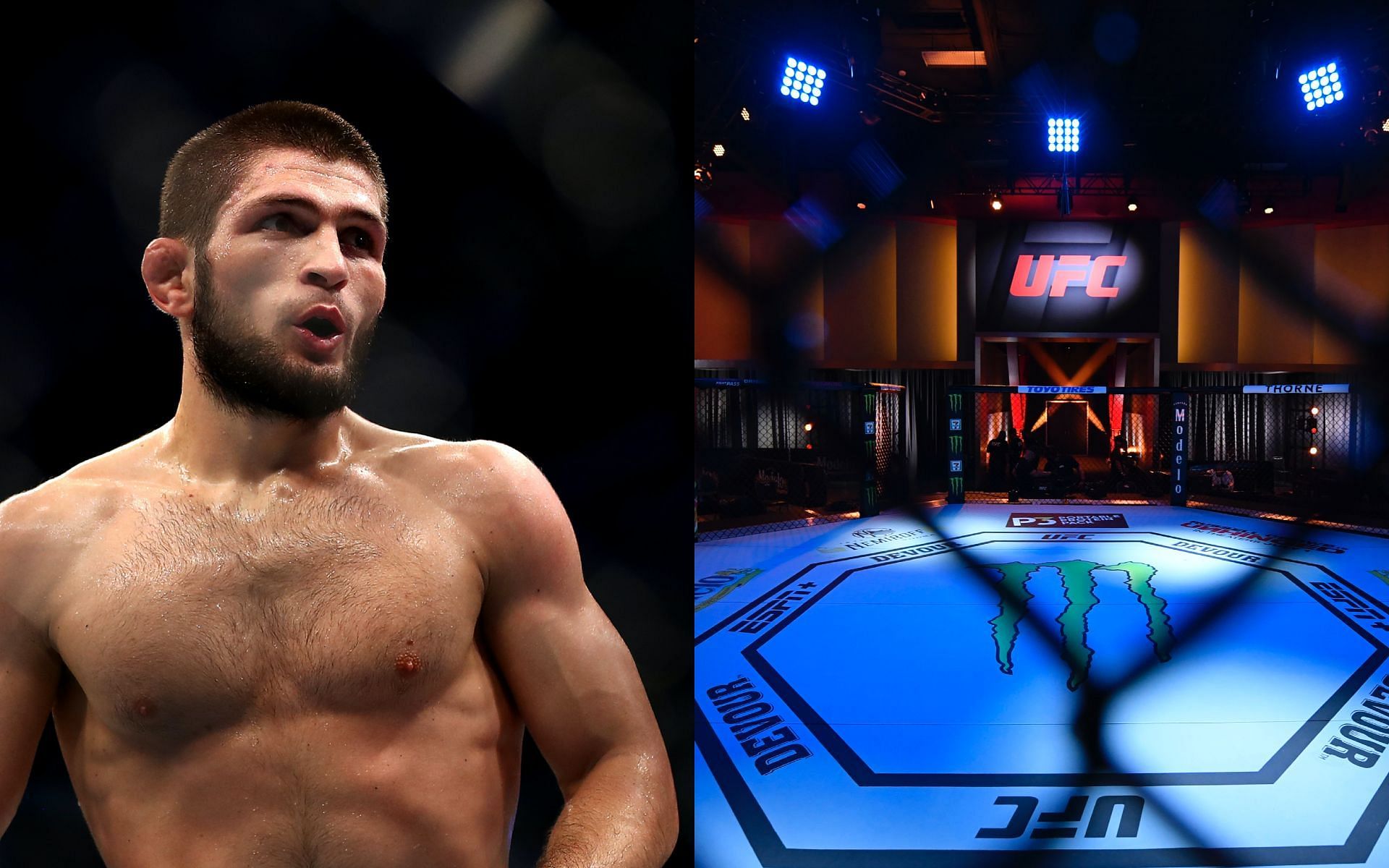 Khabib Nurmagomedov (left) and the UFC Octagon (right) [Image Courtesy: Getty Images]