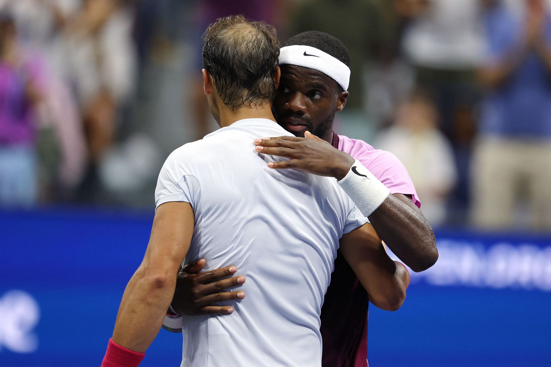 Frances Tiafoe hugs Rafael Nada after his win