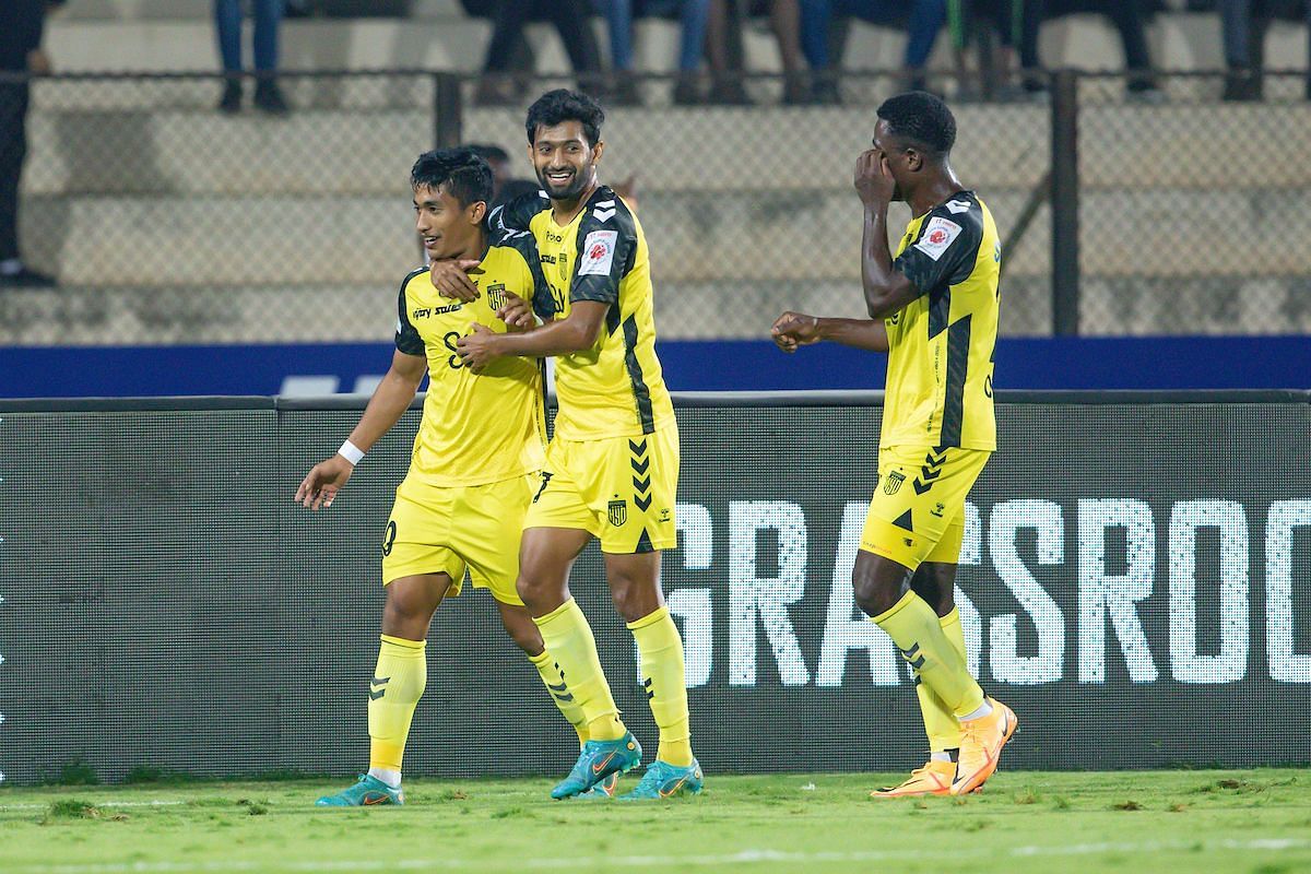 Hyderabad FC players celebrate after their opening goal against East Bengal.