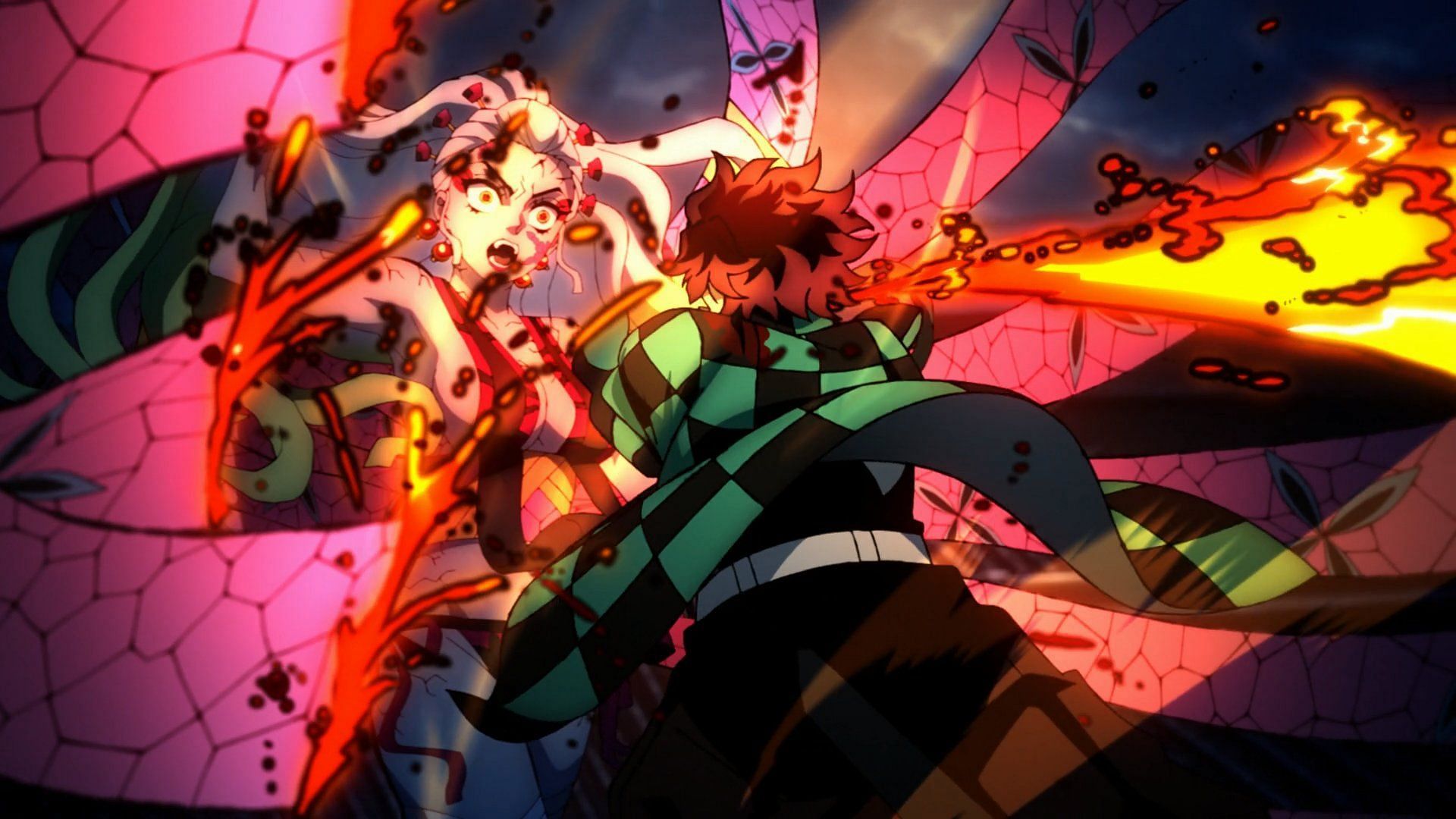 Tanjiro using Hinokami Kagura against Daki in Demon Slayer (Image via Ufotable)
