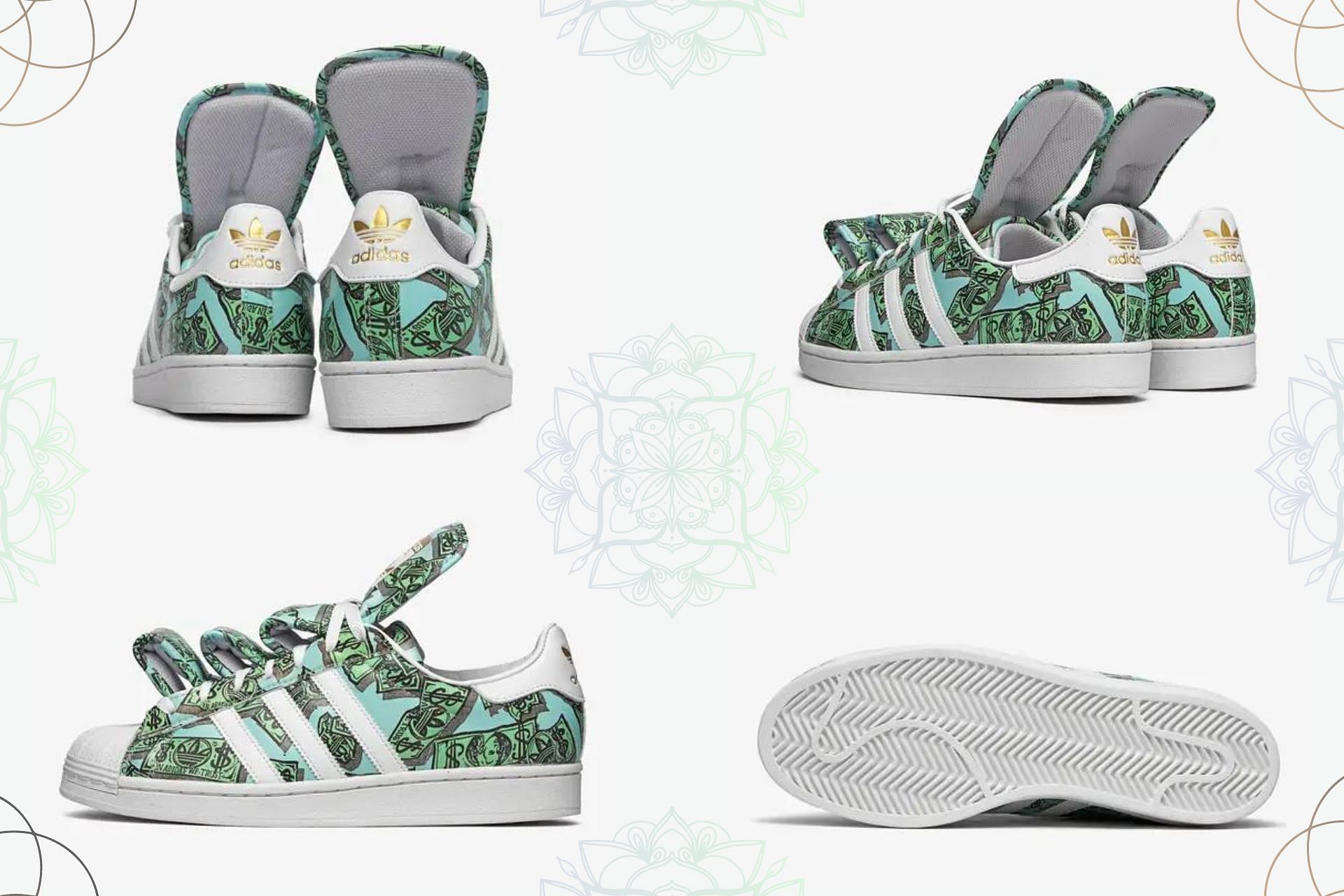 The upcoming Adidas Originals x Jeremy Scott Superstar &quot;Money&quot; sneakers come inspired by the dollar bills (Image via Sportskeeda)