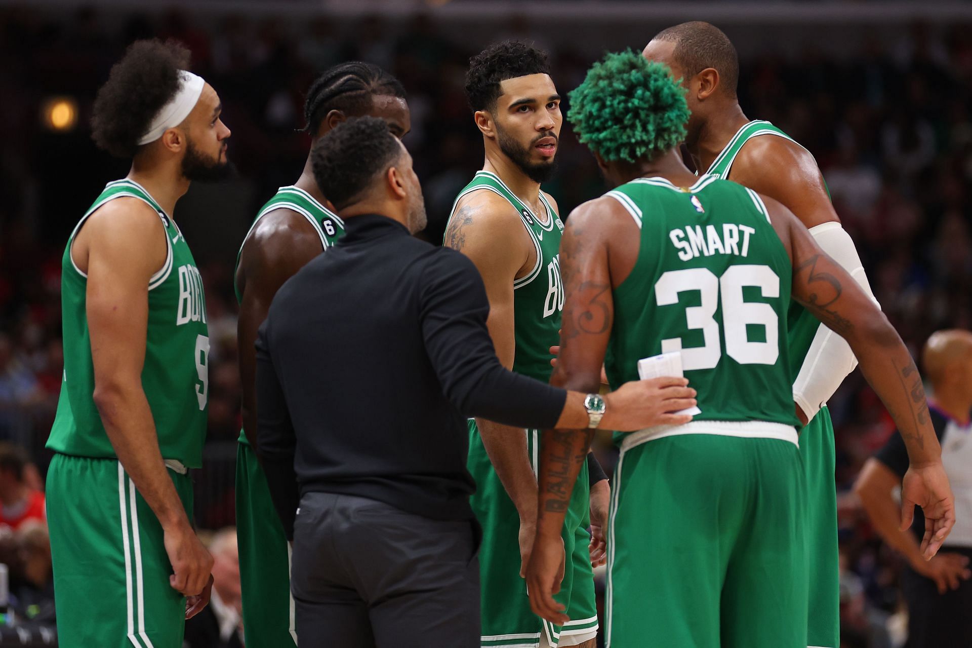 (L-R) Derrick White, Jaylen Brown, Jayson Tatum, Al Horford, and Marcus Smart of the Boston Celtics