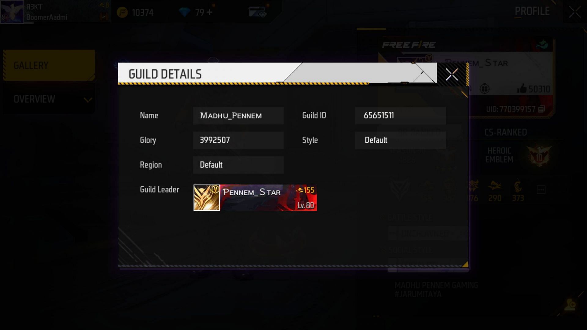 Madhu Pennem Gaming&#039;s guild details (Image via Garena)