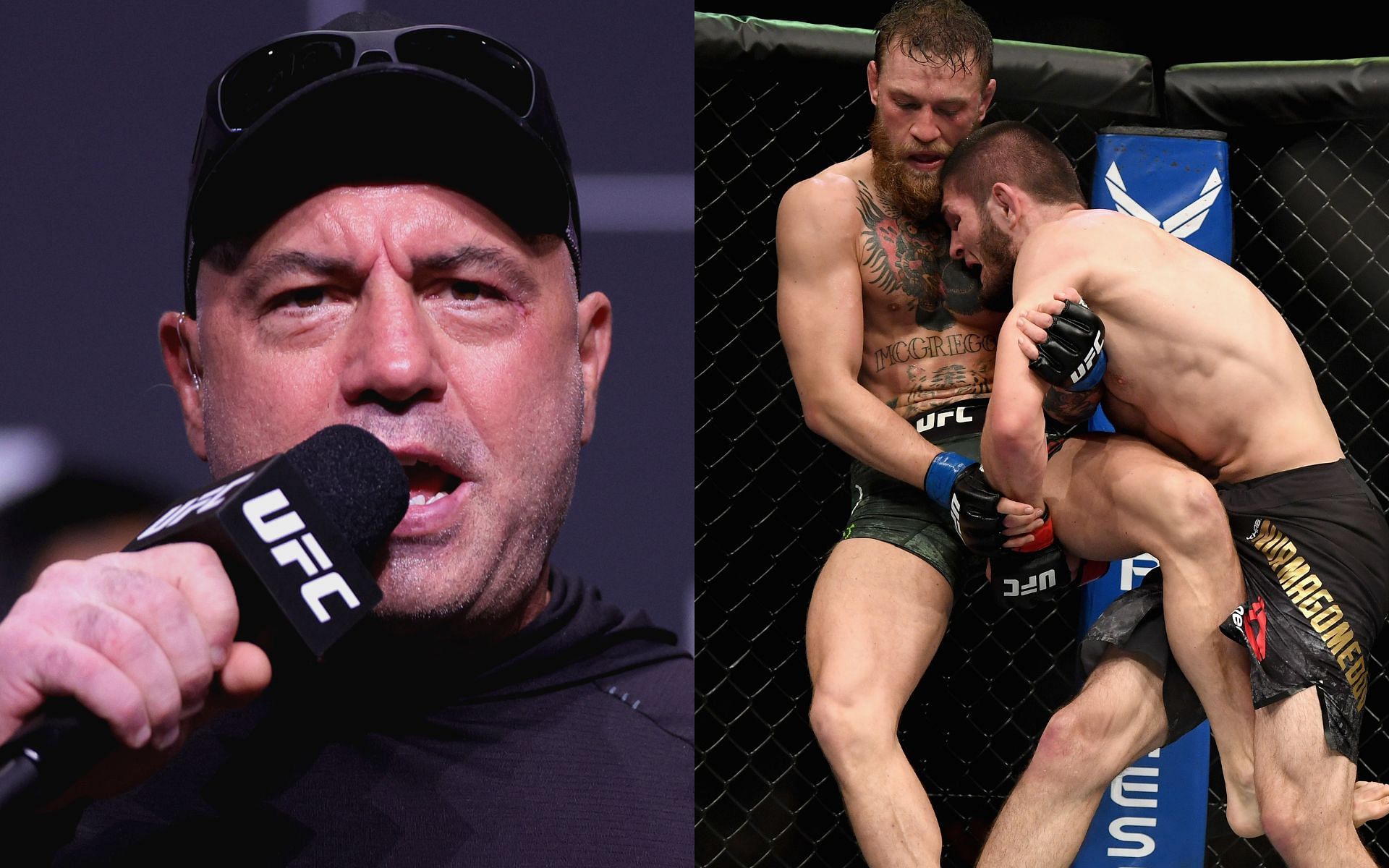 Joe Rogan (left), Conor McGregor vs. Khabib Nurmagomedov (right)