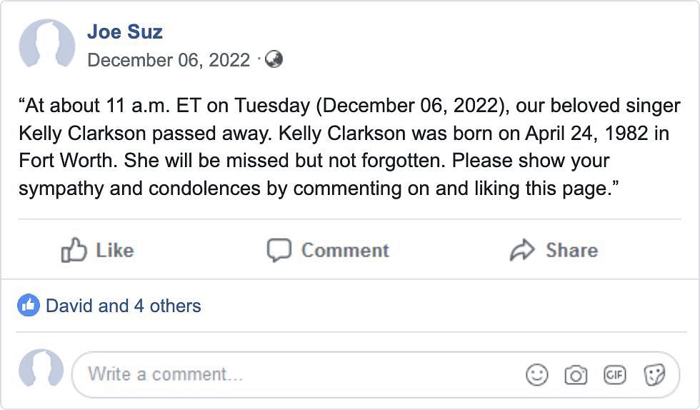 A social media post claiming that the singer has died goes viral, making people believe that the news is true. (Image via Facebook)