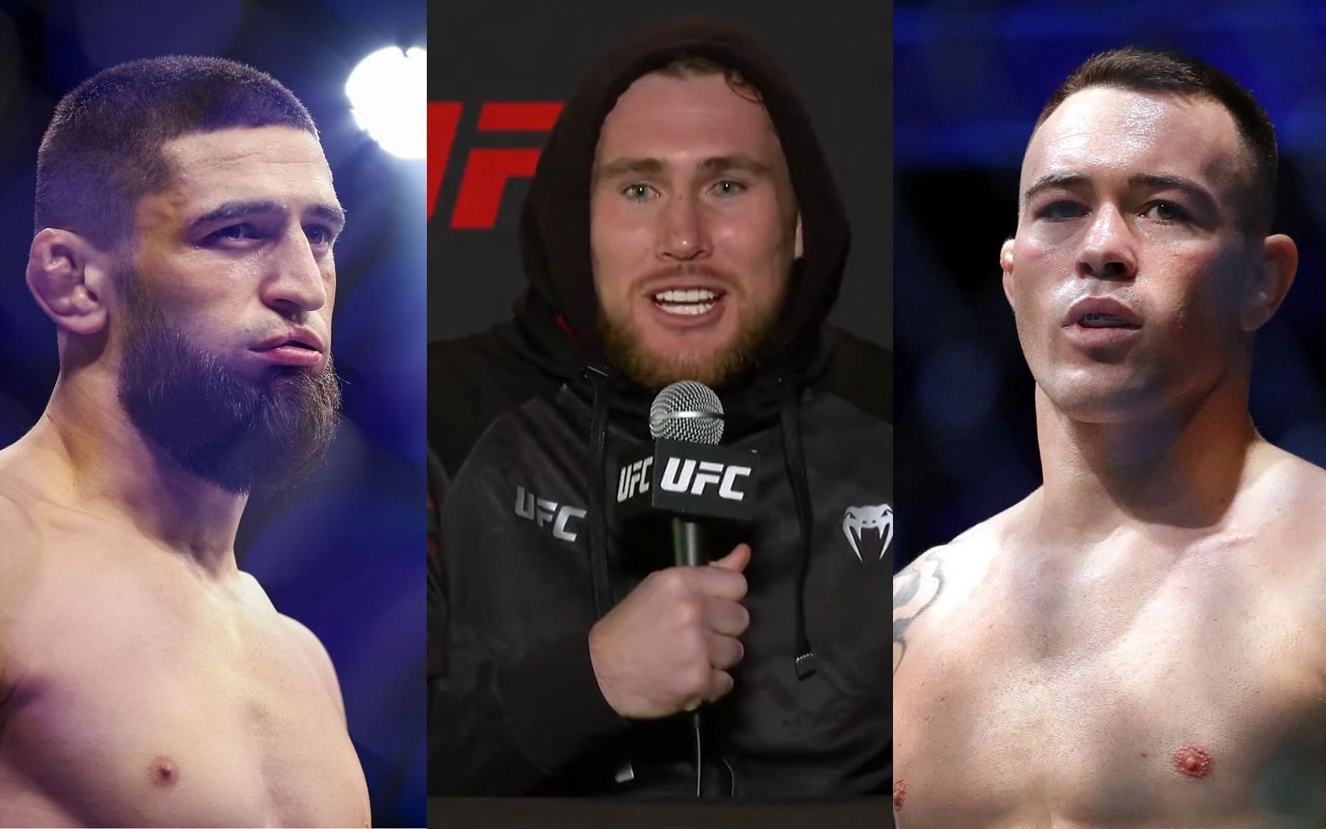Khamzat Chimaev (left), Darren Till during pre-fight press conference for UFC 282 (middle)[Image courtesy: @ufc on YouTube] and Colby Covington (right)