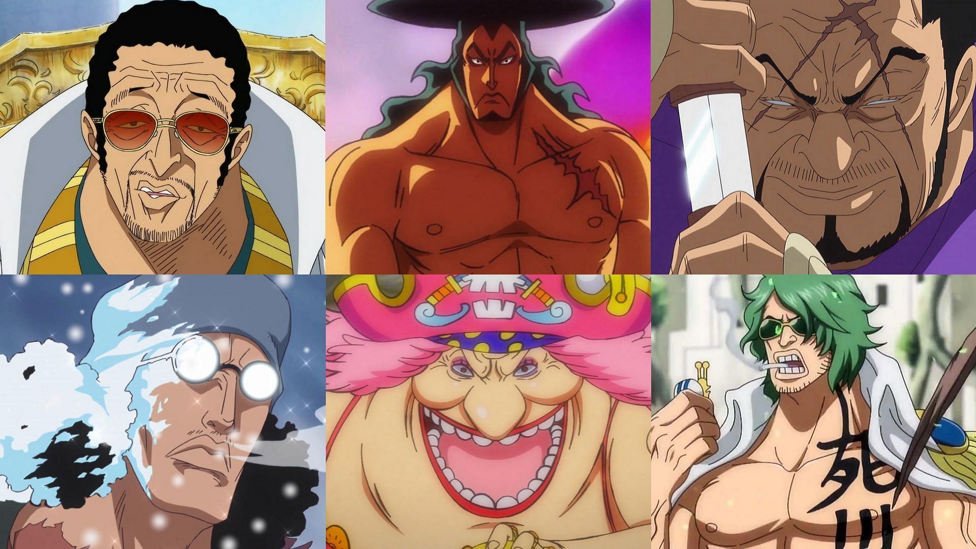 Kizaru, Aokiji, Oden, Big Mom, Fujitora and Ryokugyu (Image via Toei Animation, One Piece)