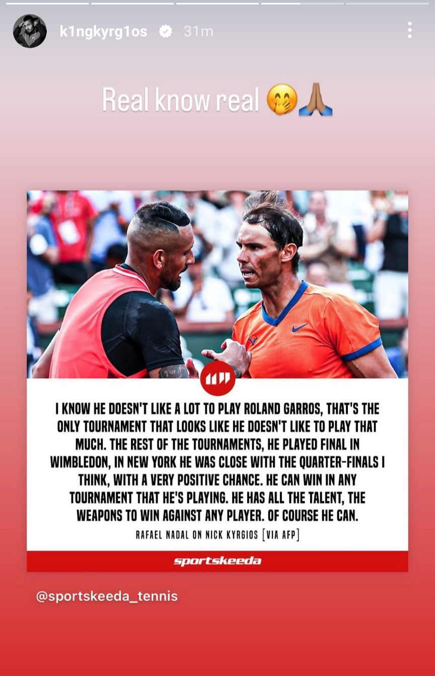 Nick Kyrgios&#039; Instagram story