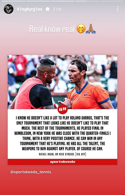 Nick Kyrgios' Instagram story