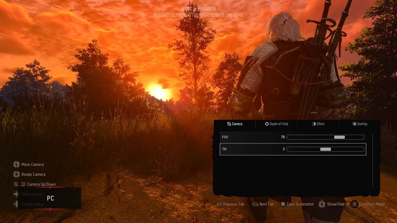 The various photo mode options, detailed on PC (Image via YouTube/The Witcher)