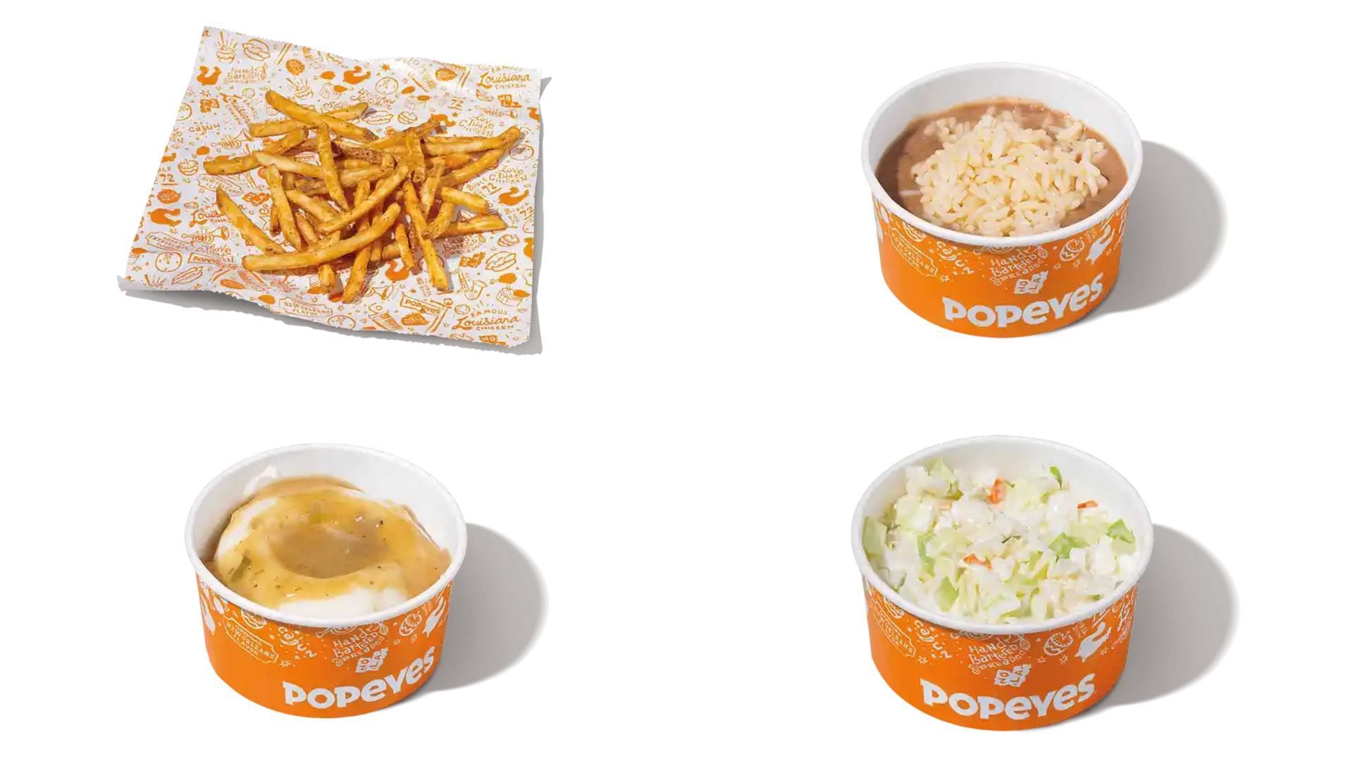 Cajun fries, red bean and rice, mashed potatoes with cajun gravy, and coleslaw (Image via Popeyes)