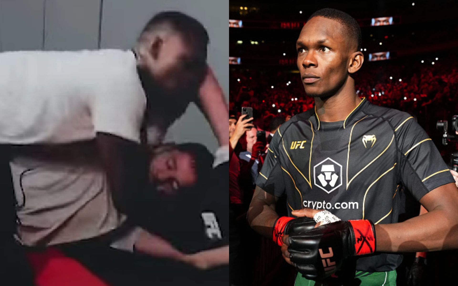 Grappling video (left. Image credit: TheMacLife on YouTube), Israel Adesanya (right)
