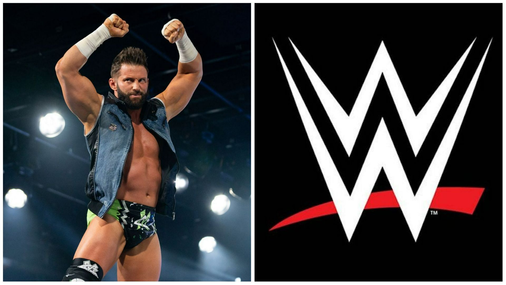 Matt Cardona (left), WWE logo (right)