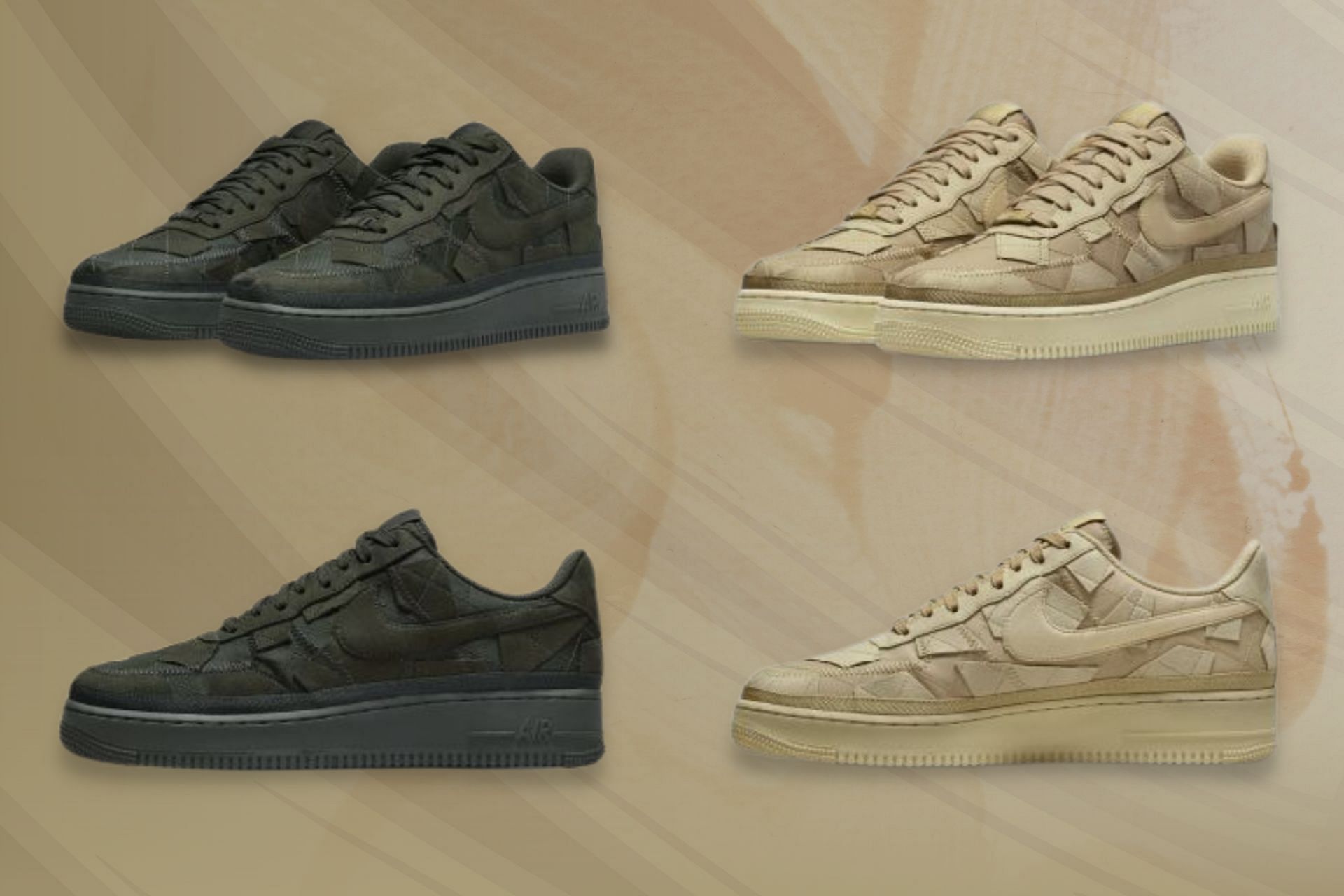 The upcoming Nike x Billie Air Force 1 Low footwear pack featuring &quot;Mushroom&quot; and &quot;Sequoia&quot; colorways constructed with recycled content (Image via Sportskeeda)
