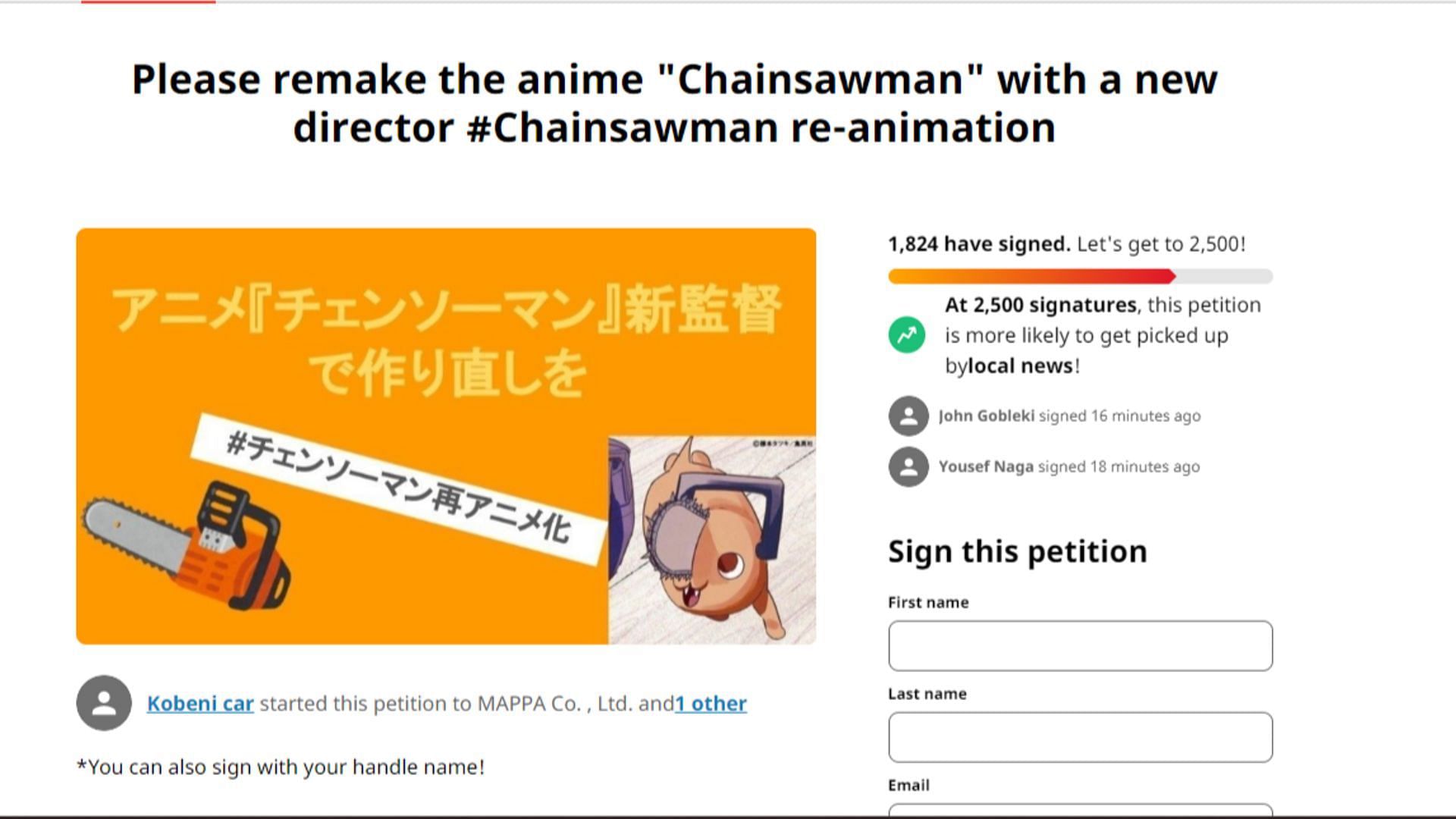 rin  蕊凜 on X: Someone started a petition to remake the Chainsaw Man anime  with a new director. They even listed their three main criticisms of the  anime, including the performance