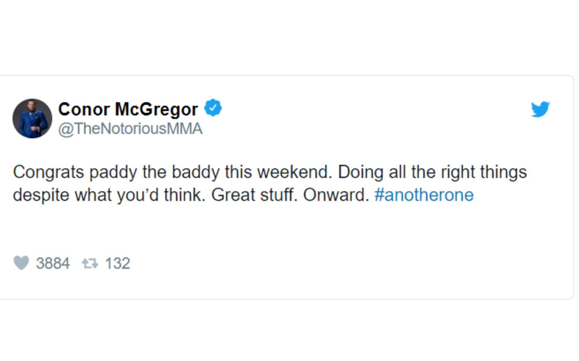Conor McGregor reacts to Paddy Pimblett&#039;s victory at UFC 282