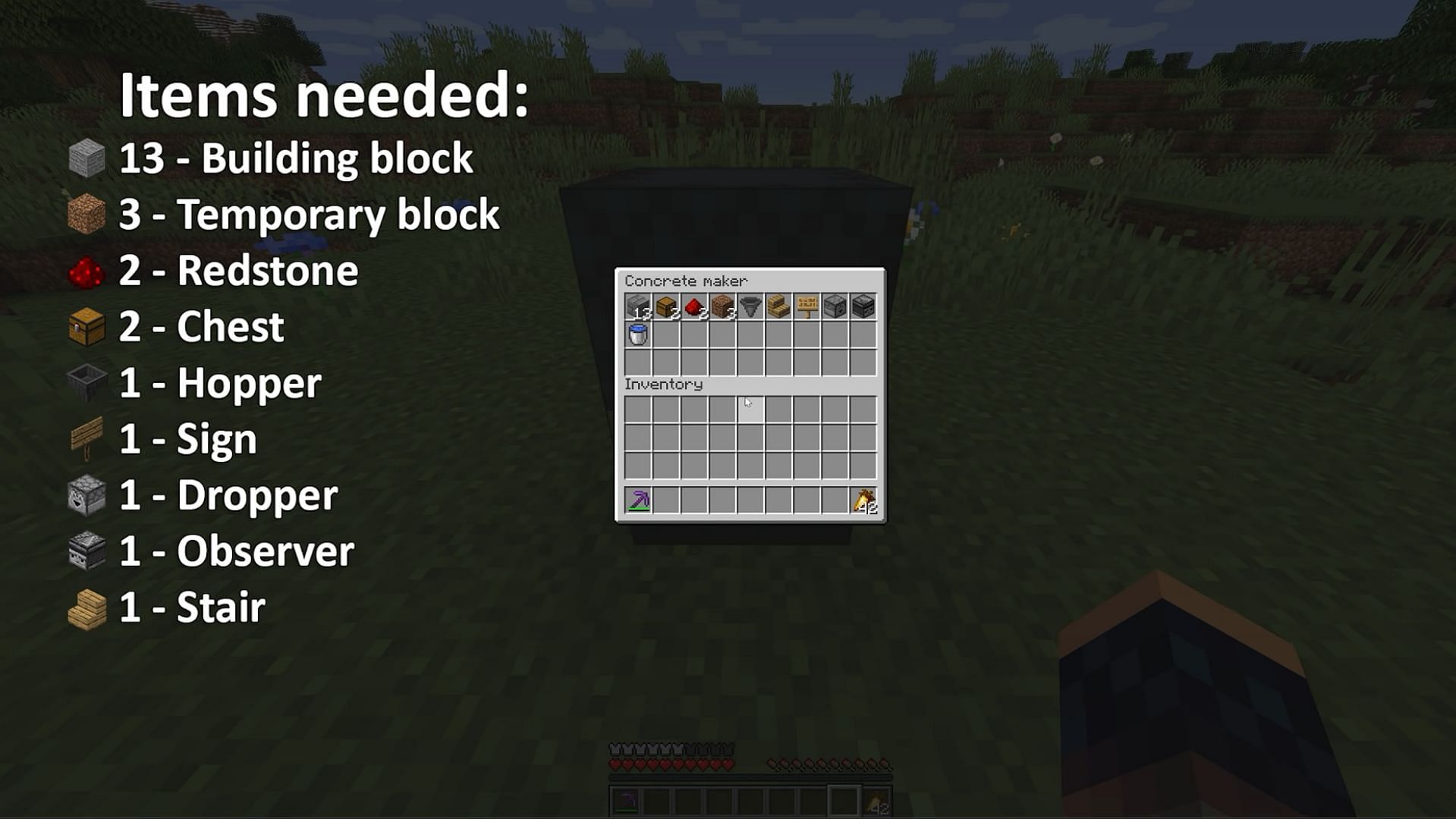 These are all the items needed to build the automatic concrete maker in Minecraft (Image via YouTube/Shulkercraft)