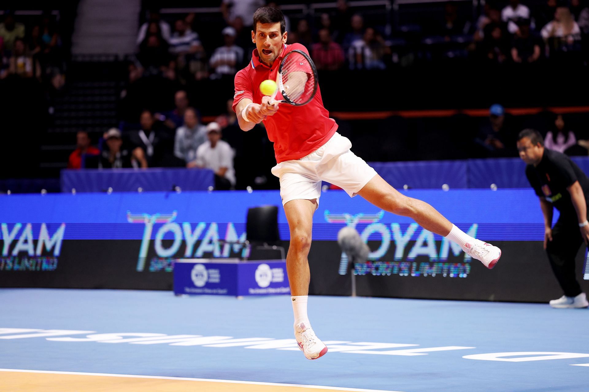 Novak Djokovic in action at the World Tennis League.