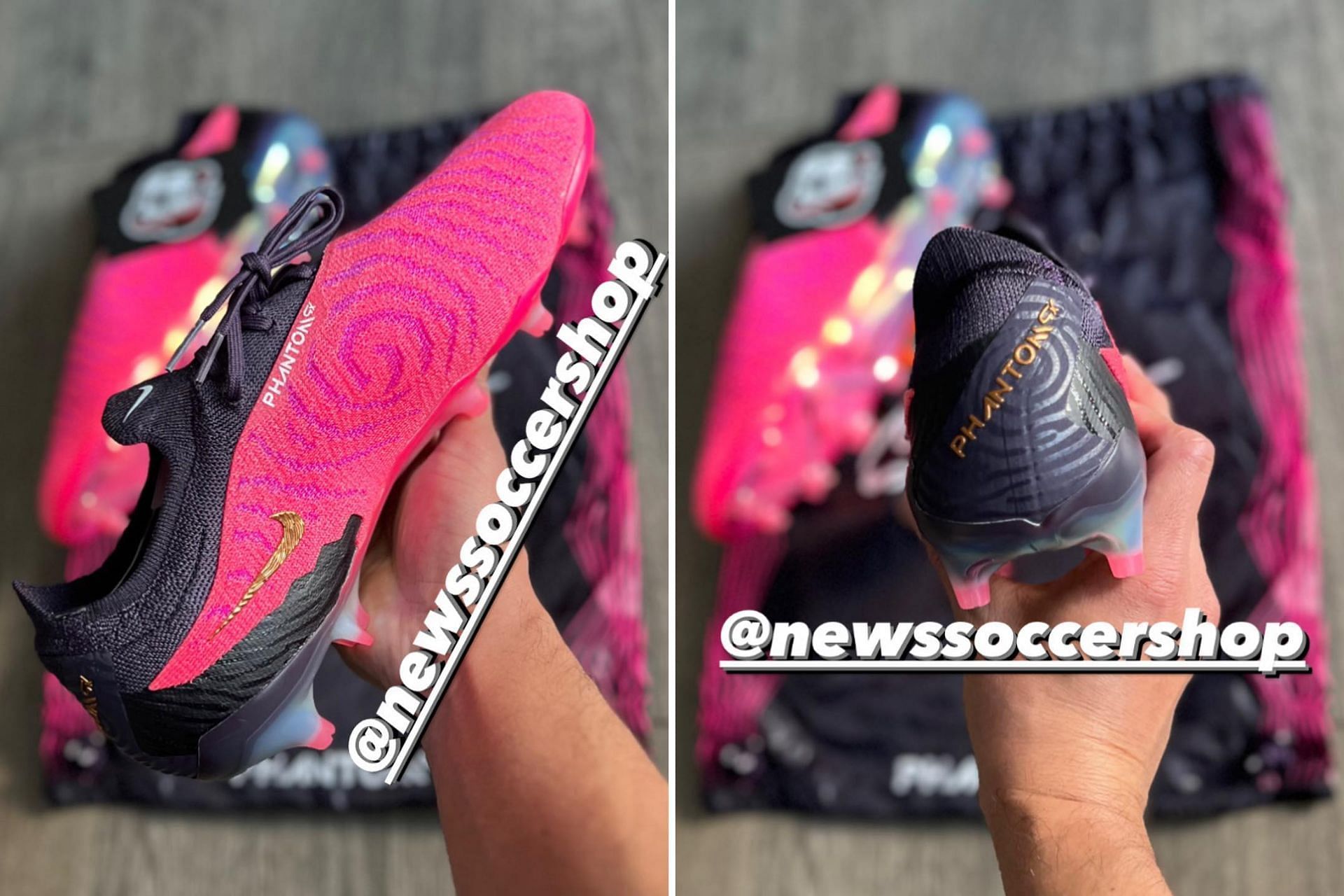 Upcoming Nike Phantom GX &#039;Disruption&#039; football boots coming clad in &#039;Hyper Pink / Black / White / Metallic Copper&#039; color scheme (Image via @newssoccershop/ Instagram)