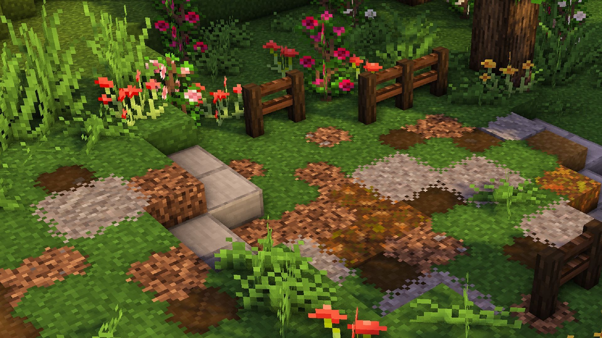 Interconnected Minecraft textures on a forest path using Stay True (Image via haimcyfly/CurseForge)