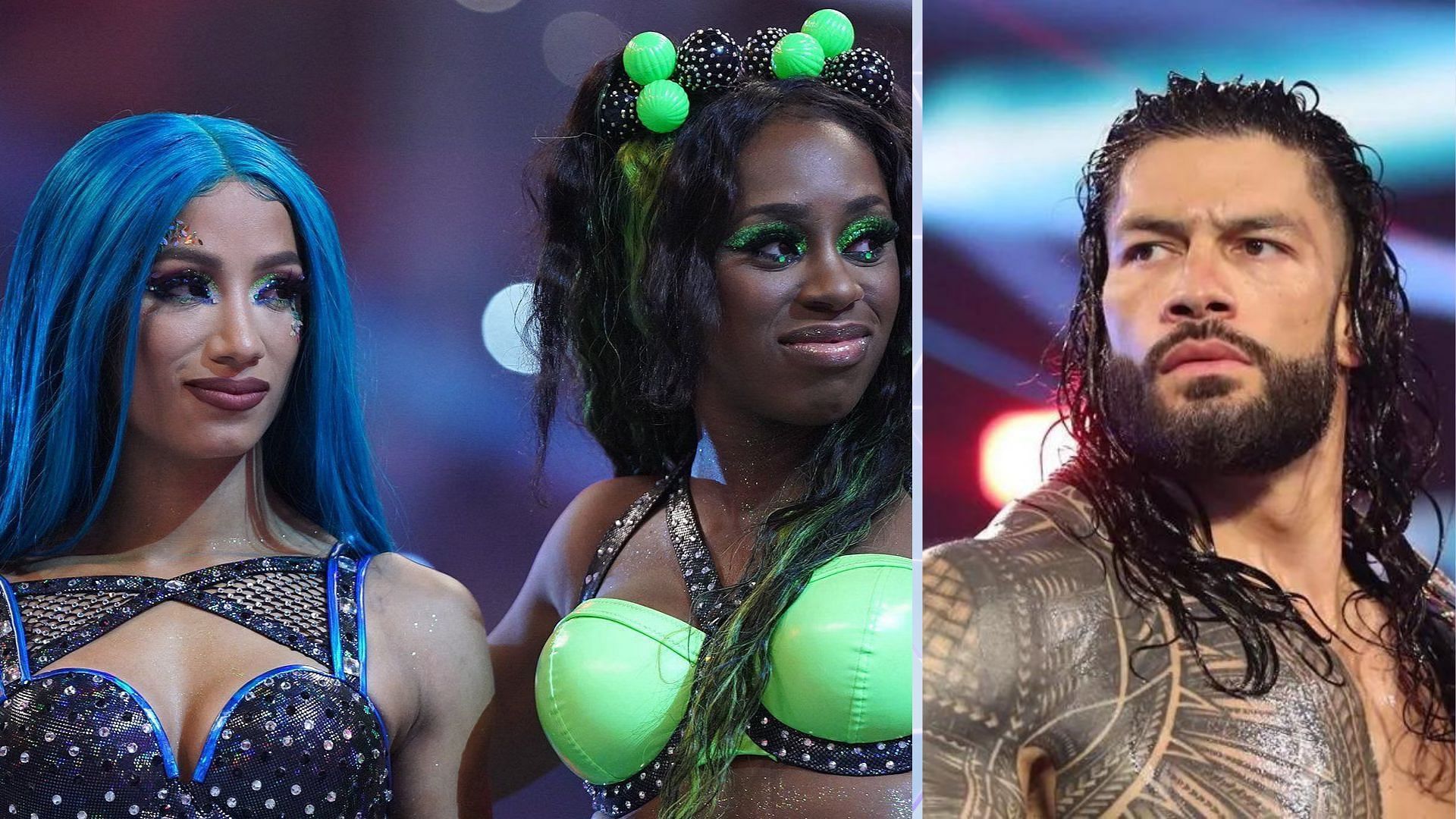 WWE Superstars Sasha Banks, Naomi, and Roman Reigns