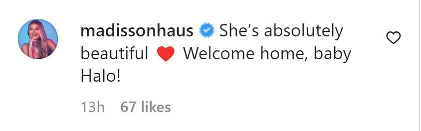 A comment welcoming Halo (Image via Instagram/ @madissonhaus)