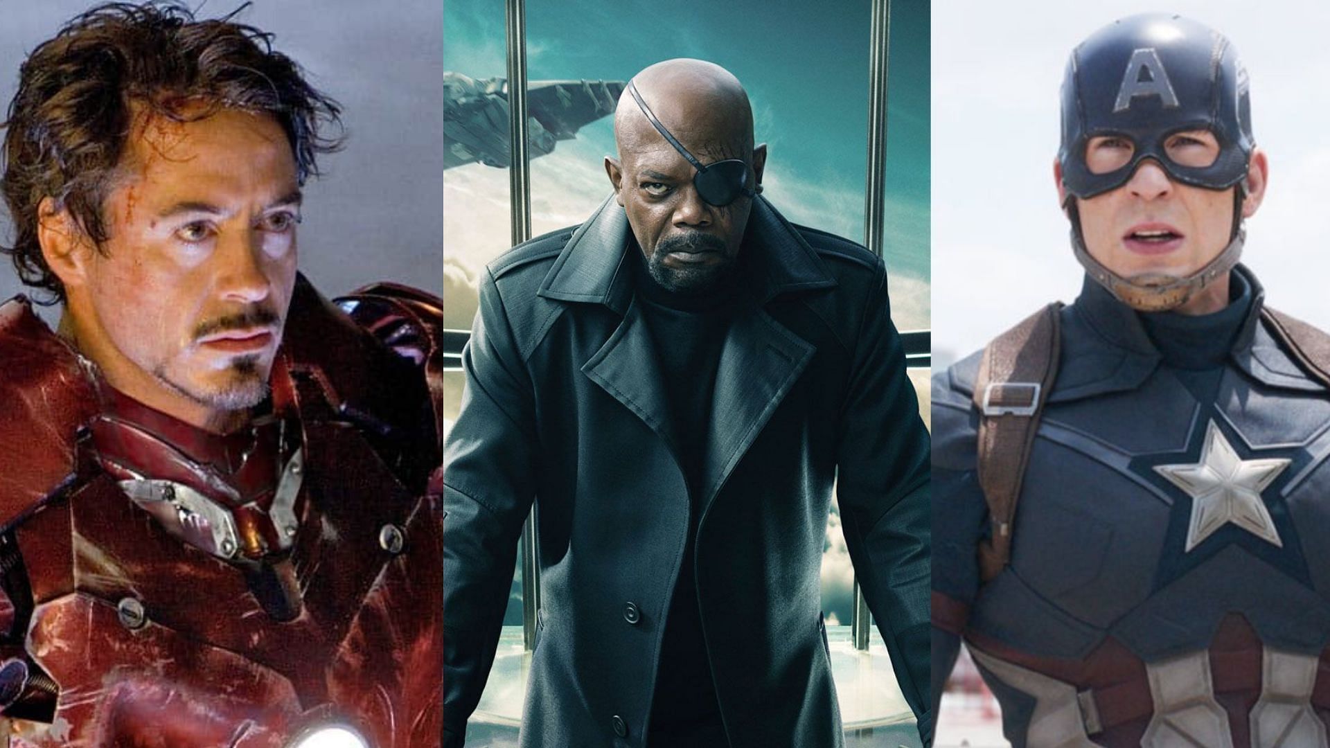 Tony Stark/Iron Man, Nick Fury and Steve Rogers/Captain America (images via Marvel Studios)
