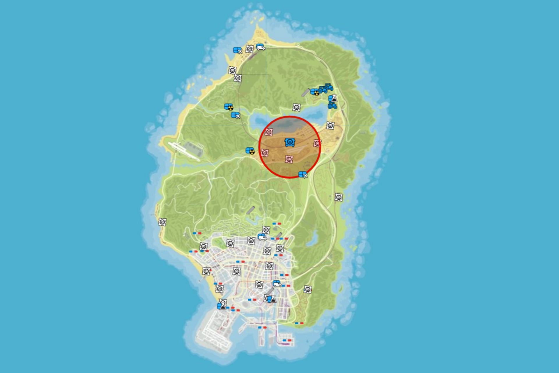 A map depicting all Acid Lab Sell and Supply missions in GTA Online (Image via TW/PLTytus)
