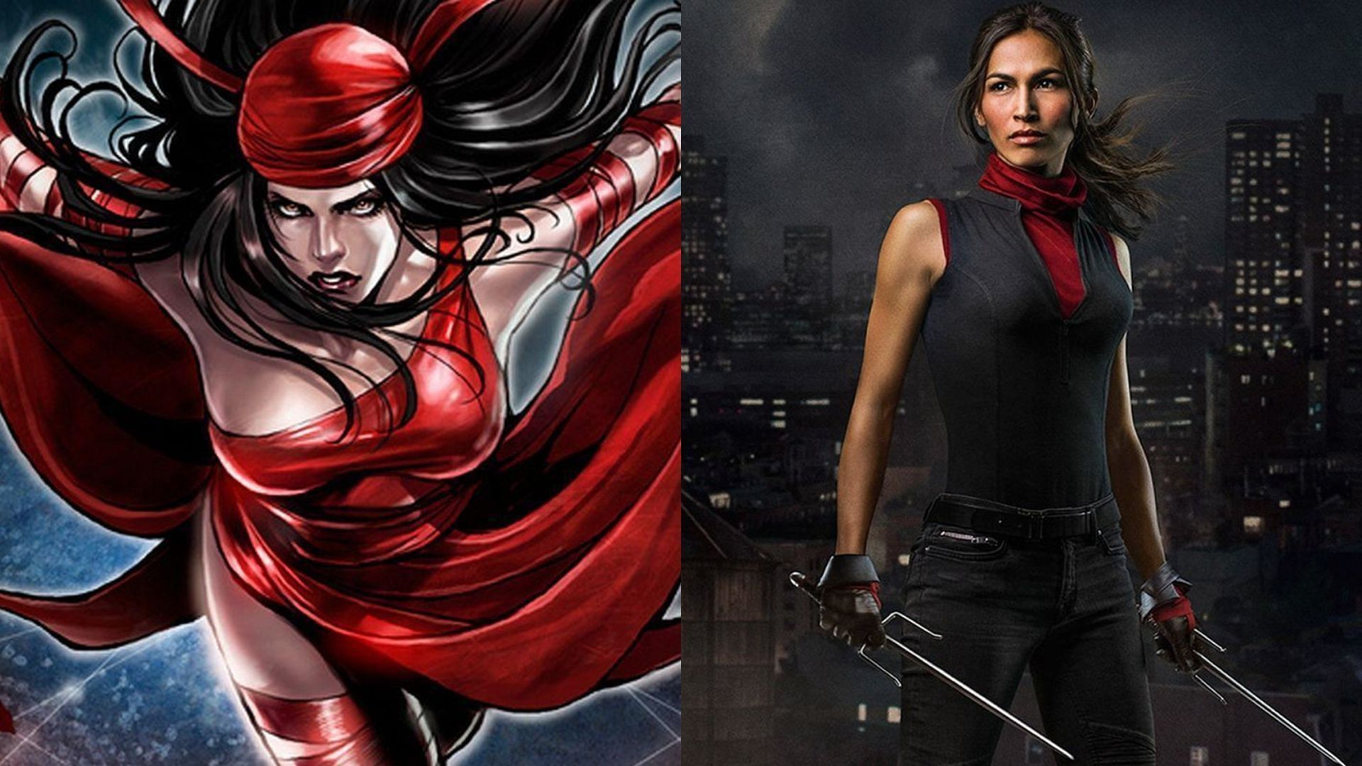 Left: Elektra in comics, Right: Elektra played by Elodie Yung in Netflix&#039;s Daredevil (Images via Marvel/Netflix)
