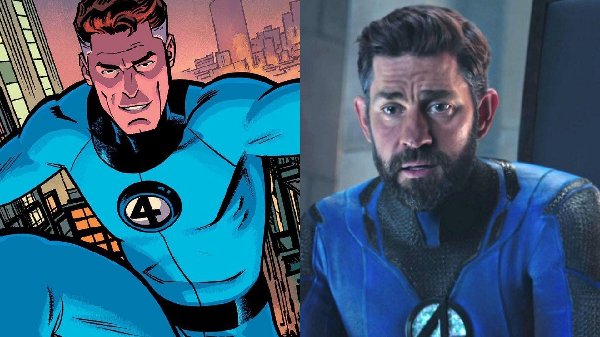 Left: Mr. Fantastic in comics, Right: Mr. Fantastic played by John Krasinski in Doctor Strange in the Multiverse of Madness (Images via Marvel)