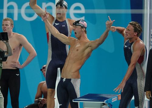 Michael Phelps and Ryan Lochte celebrate at the 2004 Olympics 