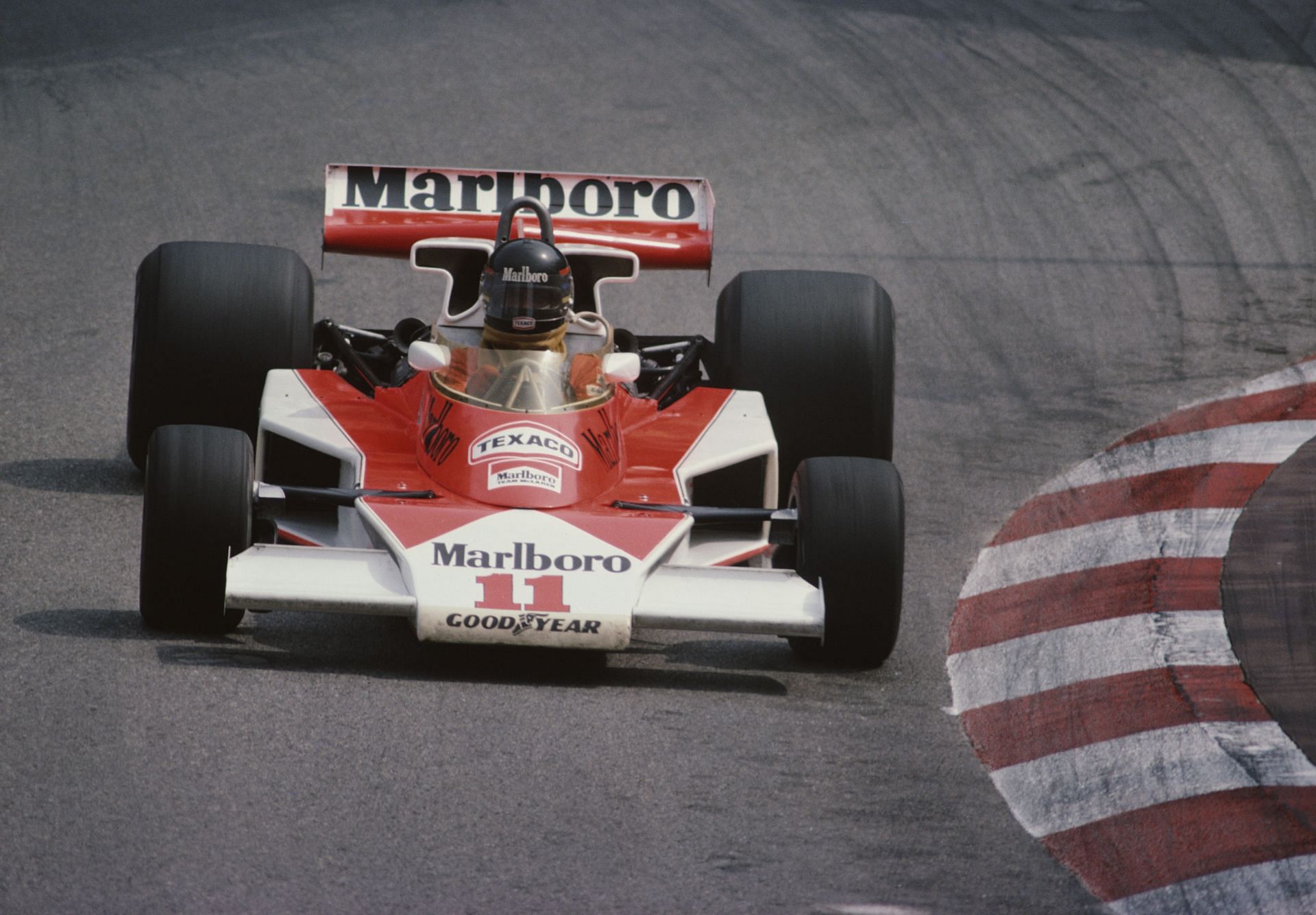 James Hunt of Great Britain drives the #11 Marlboro Team McLaren McLaren M23 Ford Cosworth V8 during, the Grand Prix of Monaco on 30th May 1976. (Photo by Tony Duffy/Getty Images)