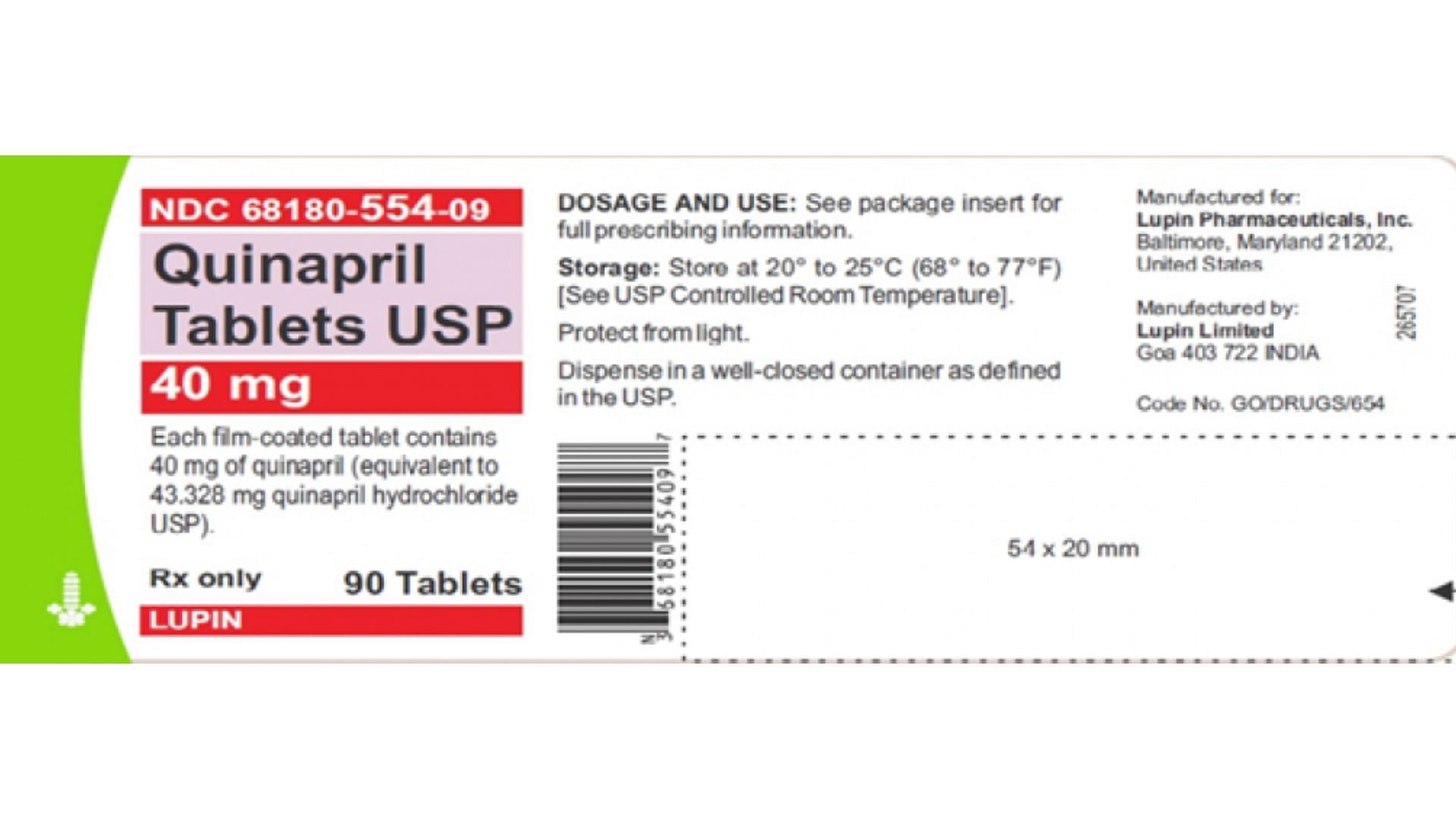 Recalled pack of 40 mg Quinapril tablets (Image via FDA)