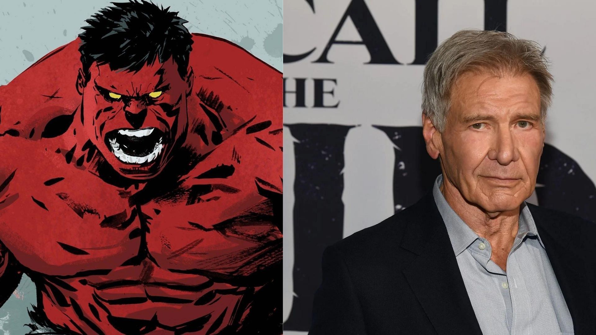 Left: Red Hulk in comics (Image via Marvel), Right: Harrison Ford attending The Call of the Wild premiere (Image via Disney/20th Century Fox)