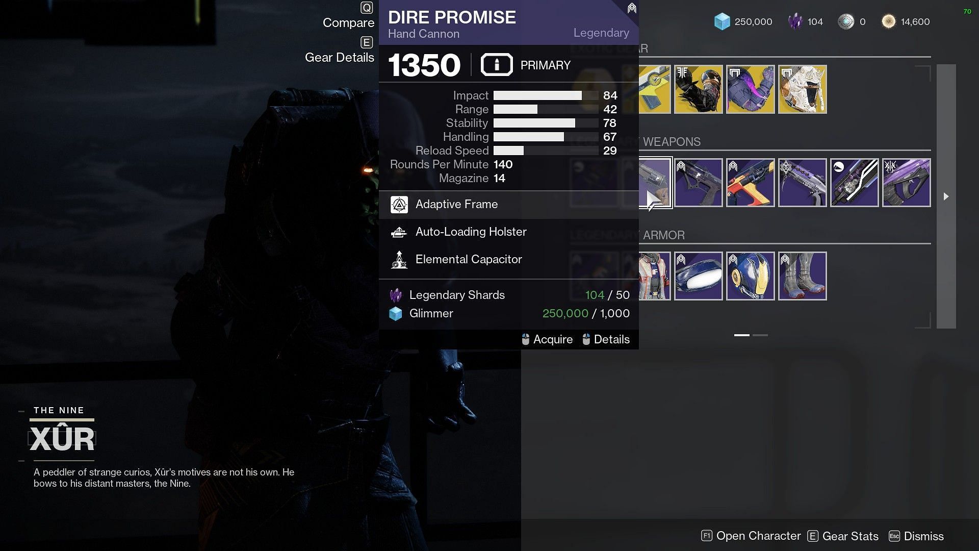 Dire Promise for sale on Xur (Image via Bungie)