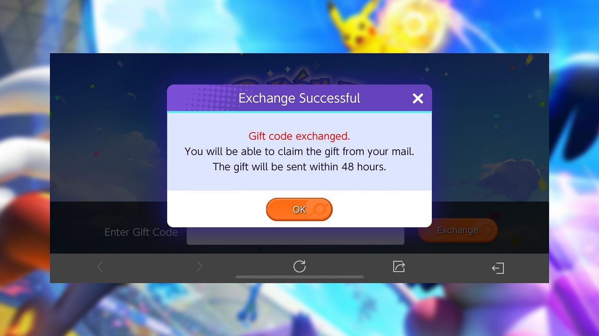 'Gift code changed' message (Image via Pokemon Unite)