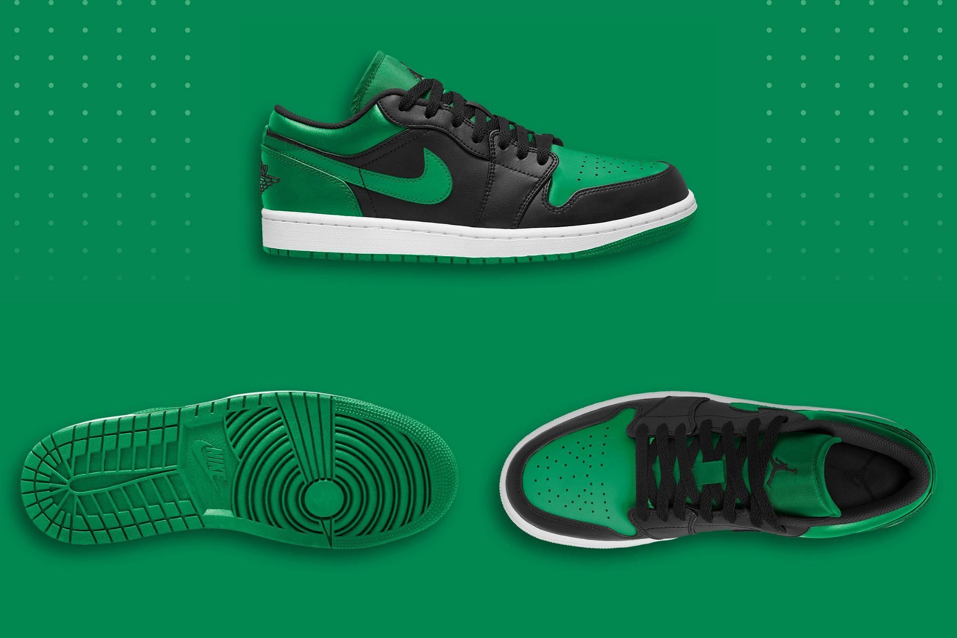 The upcoming Nike Air Jordan 1 Low &quot;Lucky Green&quot; sneakers, coming clad in a green, white, and black colorway (Image via Sportskeeda)