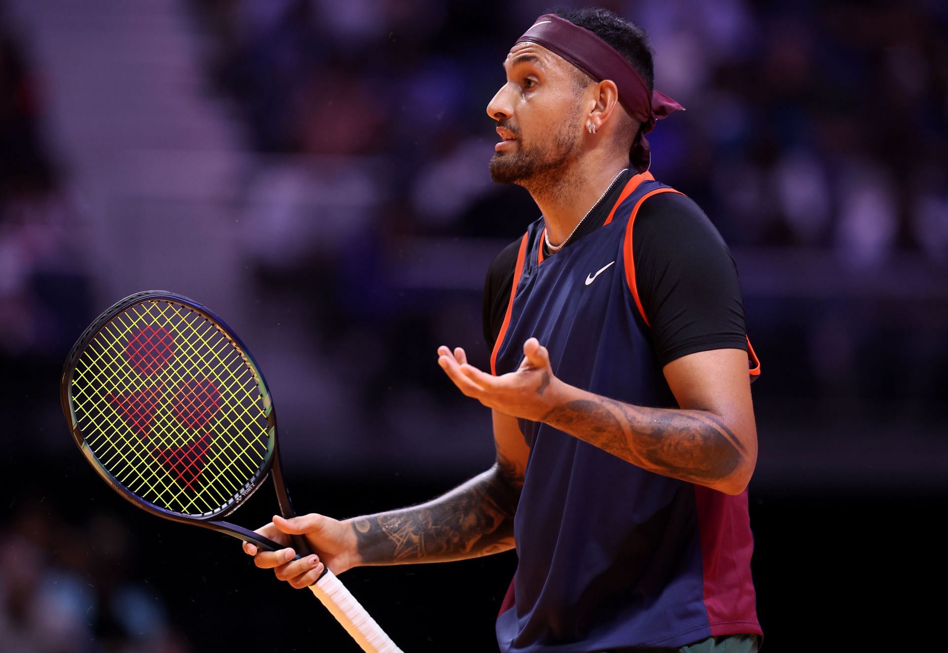 Nick Kyrgios reacts in their men&#039;s singles match against Grigor Dimitrov at the World Tennis League