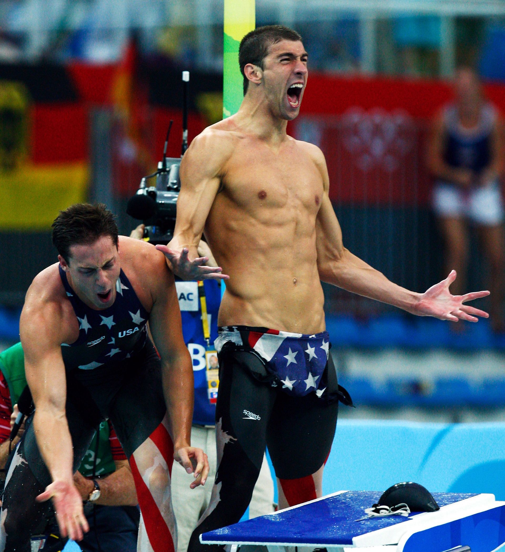 USA celebrate their gold-winning finish, 4&times;100 m freestyle, 2008 (Photo by Cameron Spencer/Getty Images)