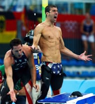 USA celebrate their gold-winning finish, 4×100 m freestyle, 2008 (Photo by Cameron Spencer/Getty Images)