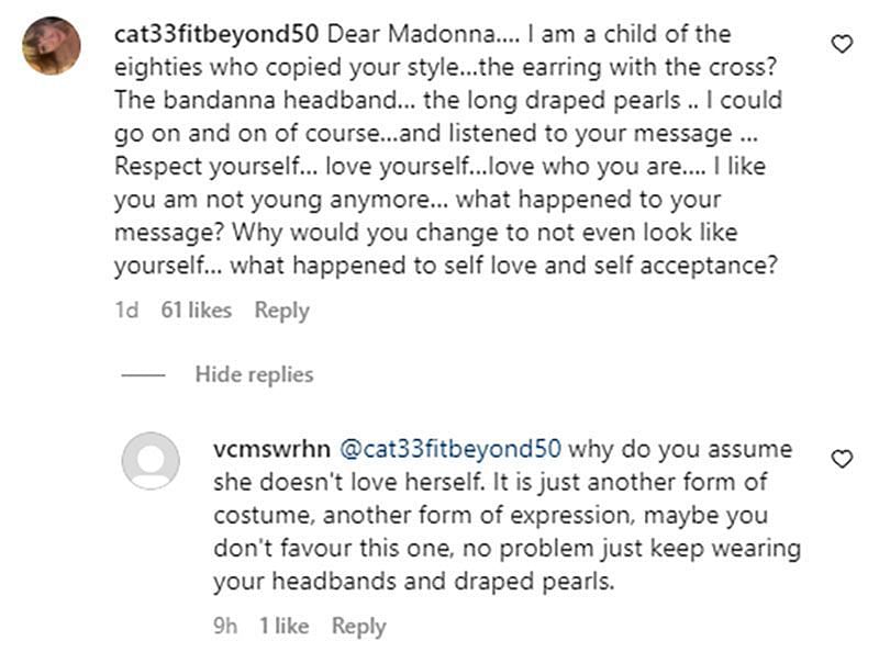 Comments showing a debate between two users (Image via Instagram/ @cat33fitbeyond50, @vcmswrhn)