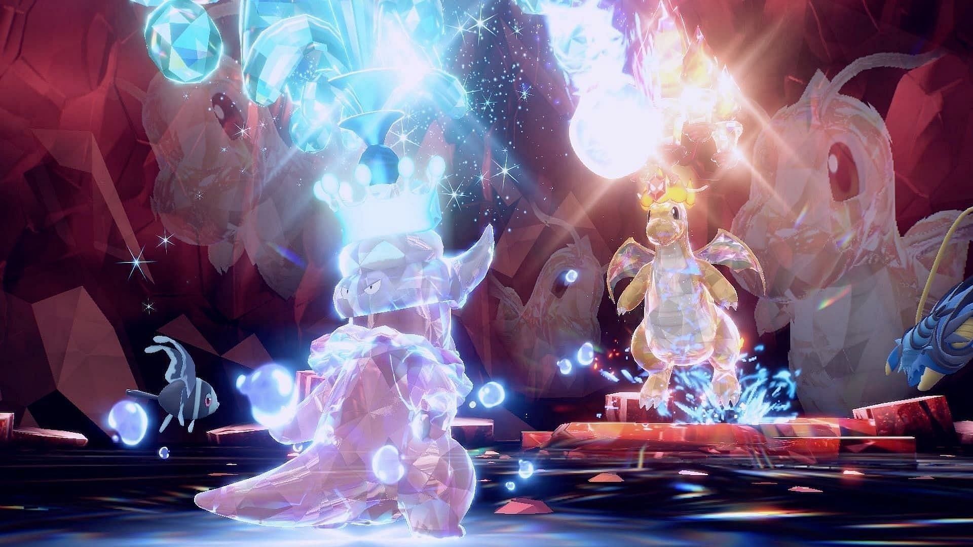 Slowking and Dragonite battle in a Tera Raid in Pokemon Scarlet and Violet (Image via Game Freak)