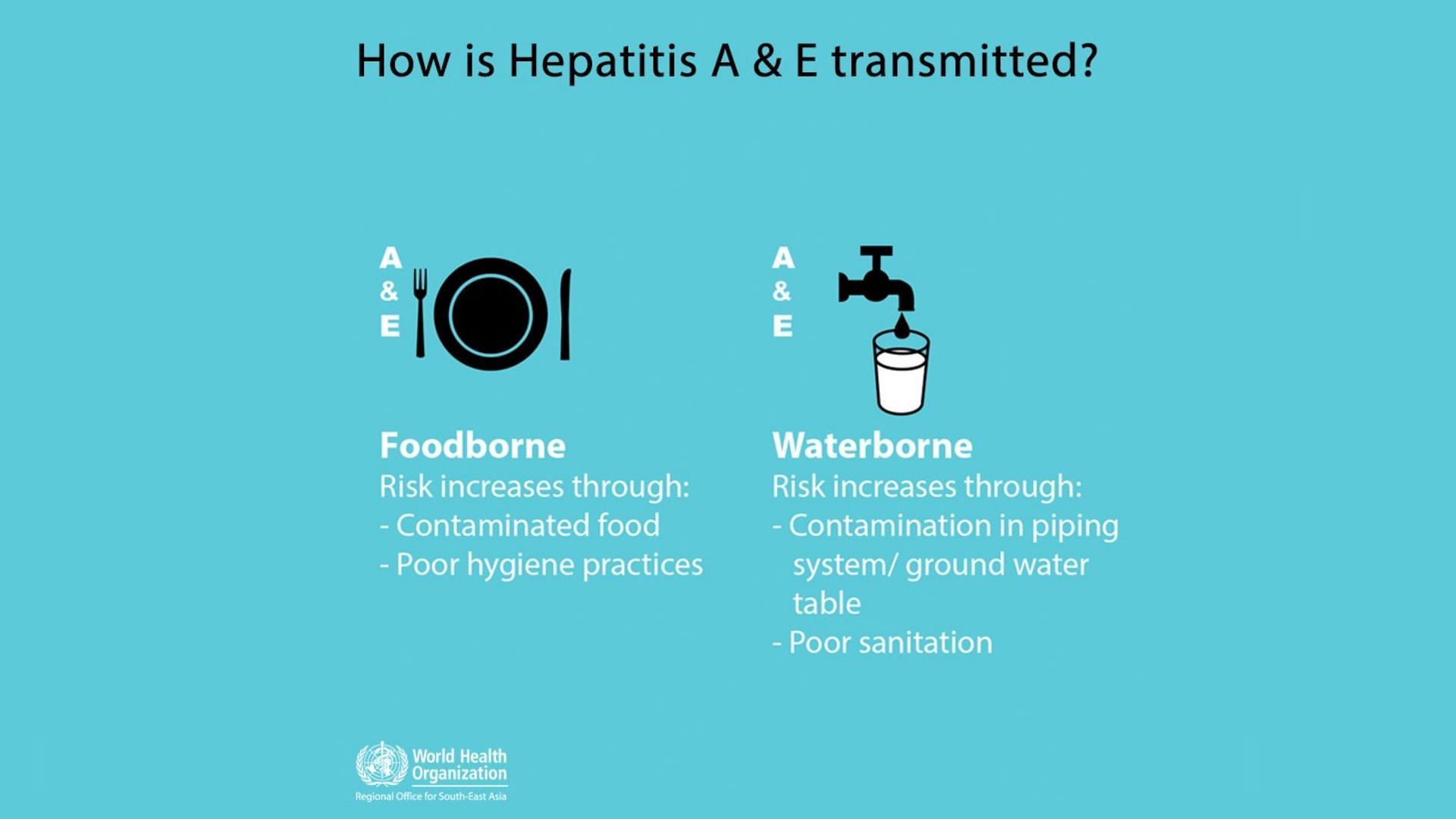 Hepatitis A virus is transmitted through ingestion of contaminated food &amp; water (Image via WHO)