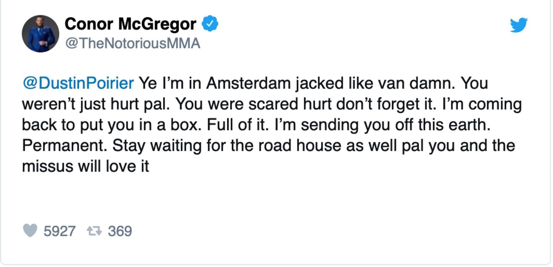 Screenshot of Conor McGregor&#039;s apparent call-out to Dustin Poirier via a now-deleted tweet