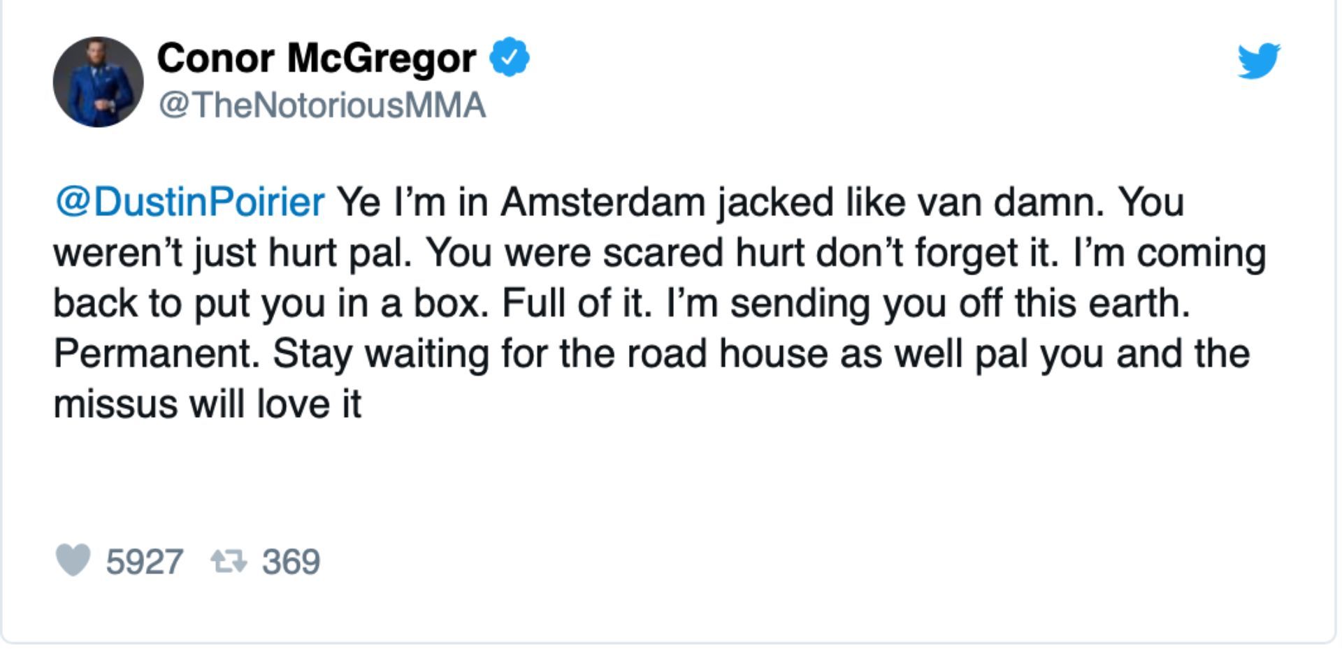 Screenshot of Conor McGregor's apparent call-out to Dustin Poirier via a now-deleted tweet