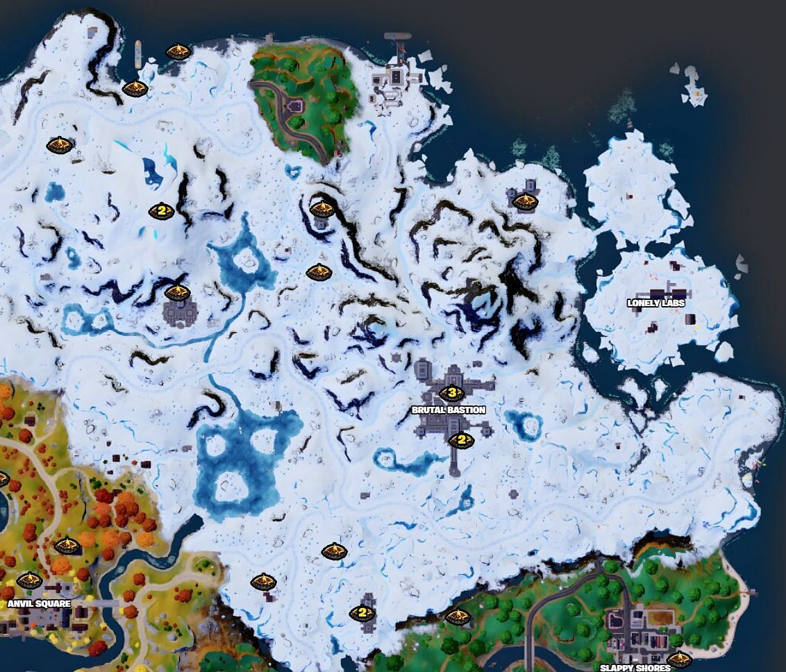 All Campfire locations in the Snow Biome of the Chapter 4 Season 1 island (Image via Fortnite.GG)