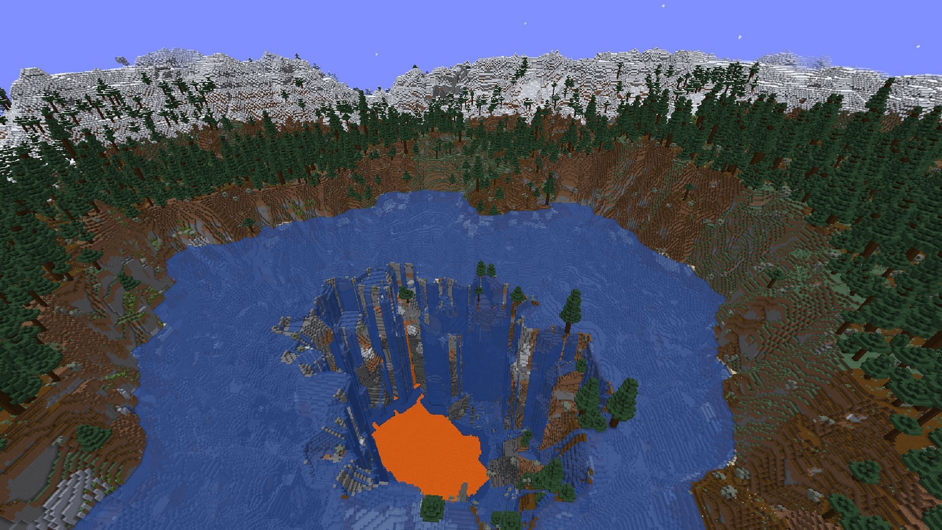 The massive sinkhole next to this seed&#039;s spawn point is a sight to behold (Image via u/crackedMagnet/Reddit)