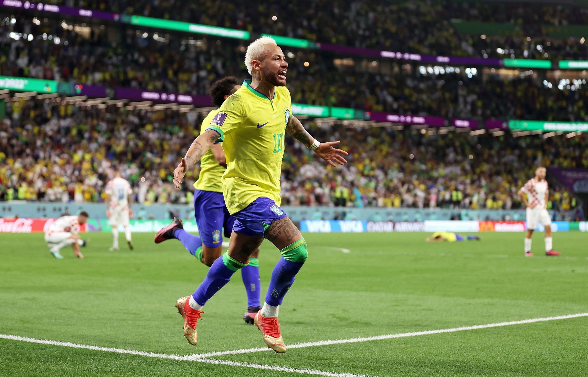 Neymar celebrates after scoring a worldie.