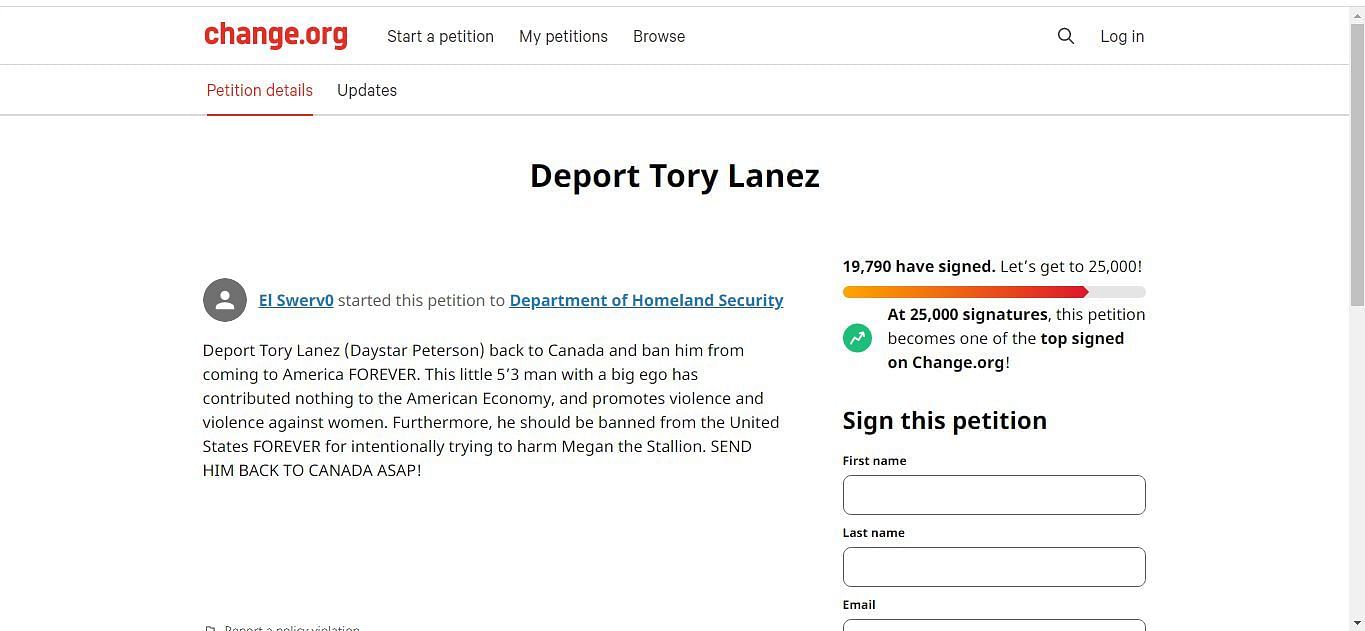 Petition for Tory Lanez&#039;s deportation to Canada (Image via Change)