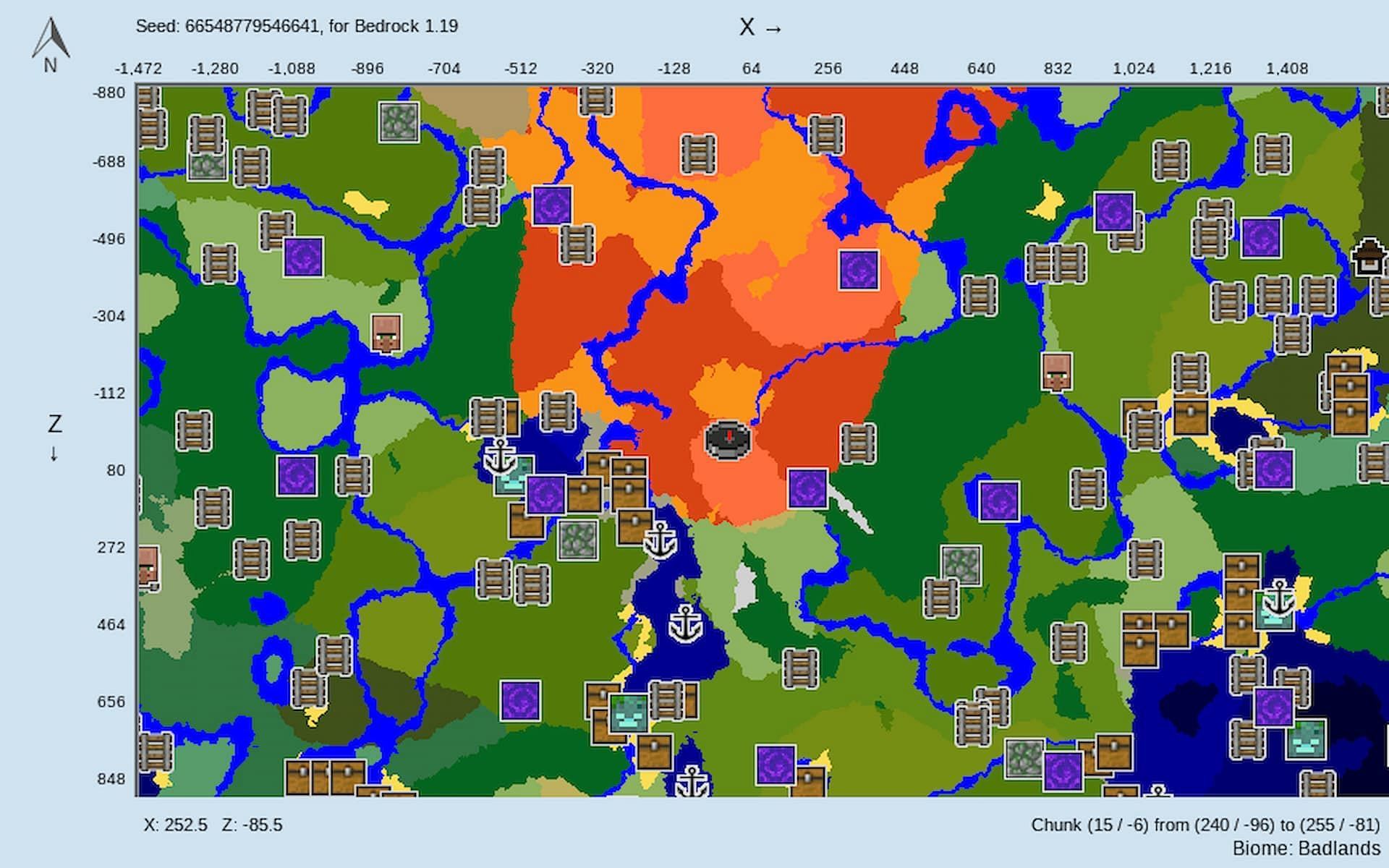 Players can find wealth in the Badlands and shelter in the villages (Image via Chunkbase)